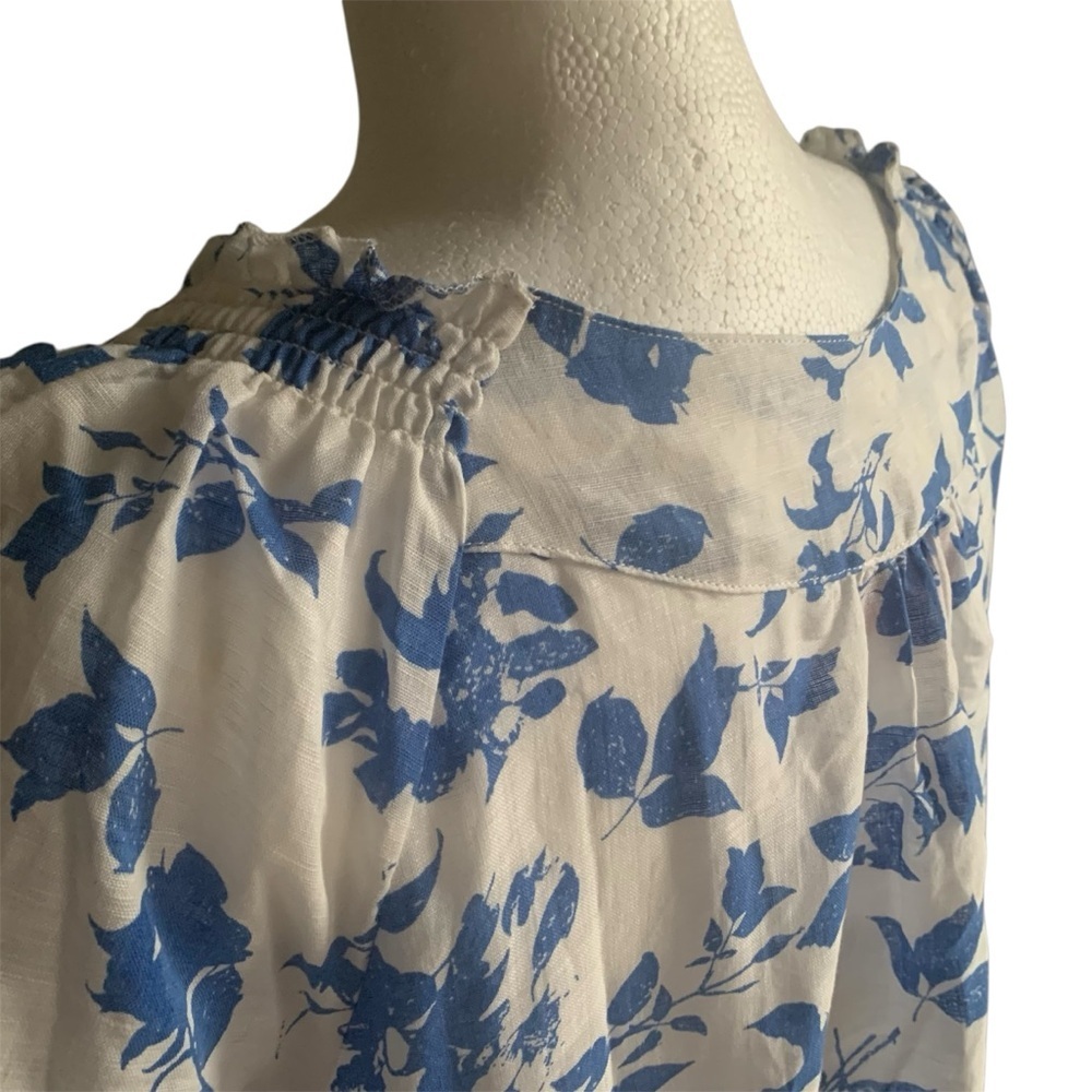 π Floral Linen Tunic Top Ruffle Tie Front Light Smocking Periwinkle Blue White M - Picture 10 of 14